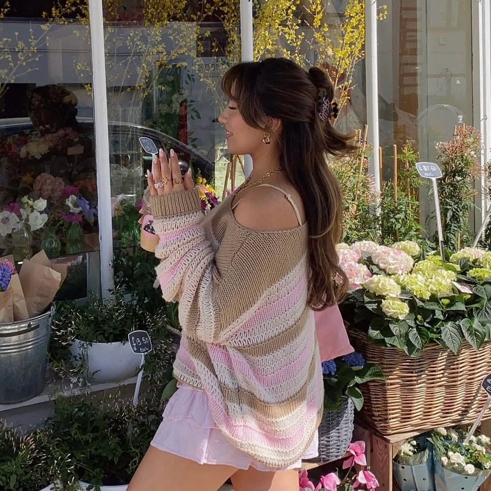 Y2K Neapolitan Stripe Off Shoulder Knit Sweater 🎀 - Picture 2 of 8